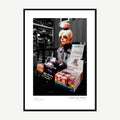 Framed print: pop art bookshop corner with a soup can and typewriter, black wood frame