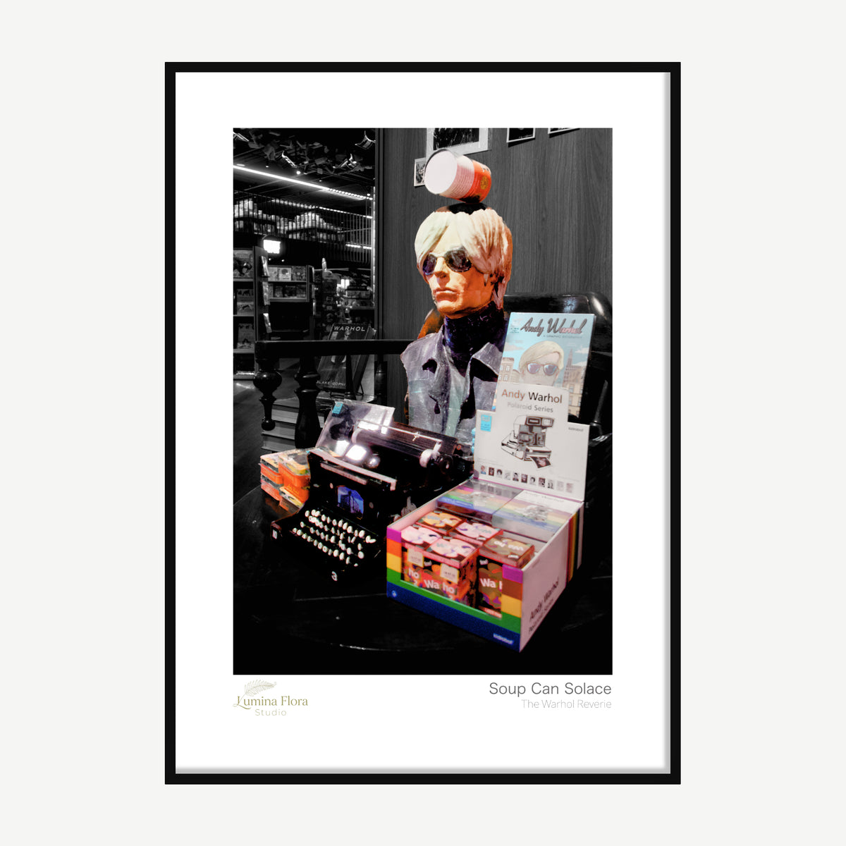 Framed print: pop art bookshop corner with a soup can and typewriter, black wood frame