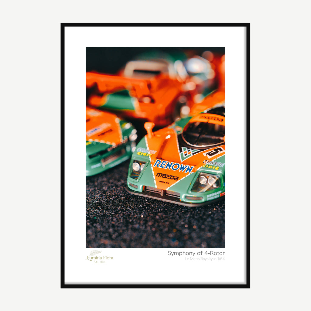 Framed print: trio of 1/64 Le Mans race car models, black wood frame