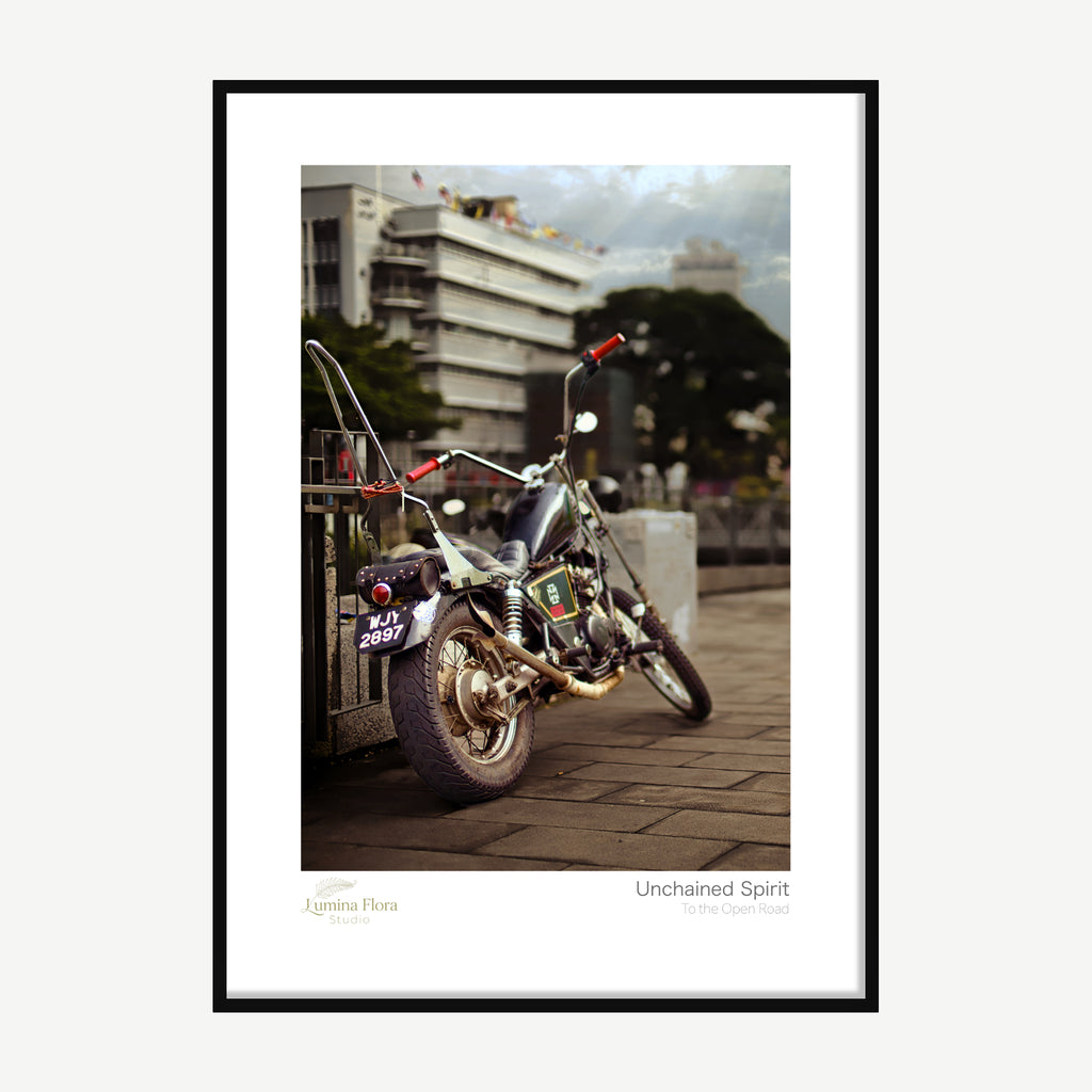 Framed print: custom chopper motorcycle with tall handlebars parked on a street, black wood frame