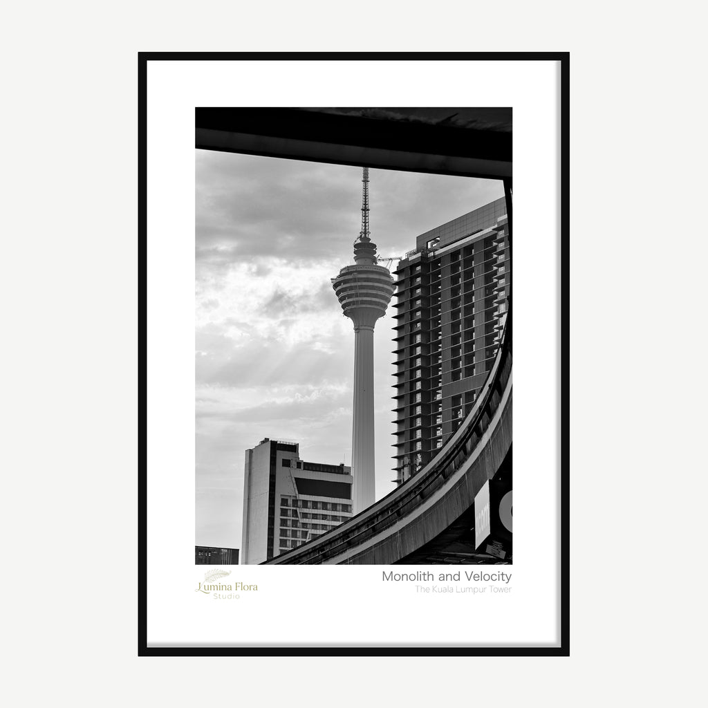 Framed print: black and white KL Tower beside a modern high-rise, black wood frame