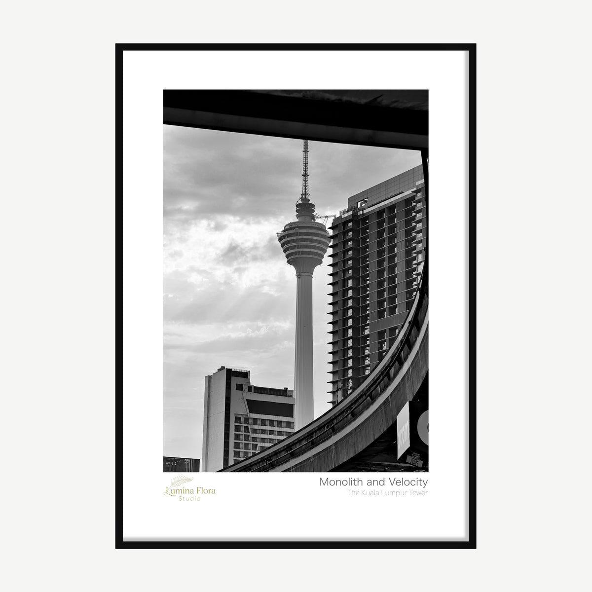 Framed print: black and white KL Tower beside a modern high-rise, black wood frame