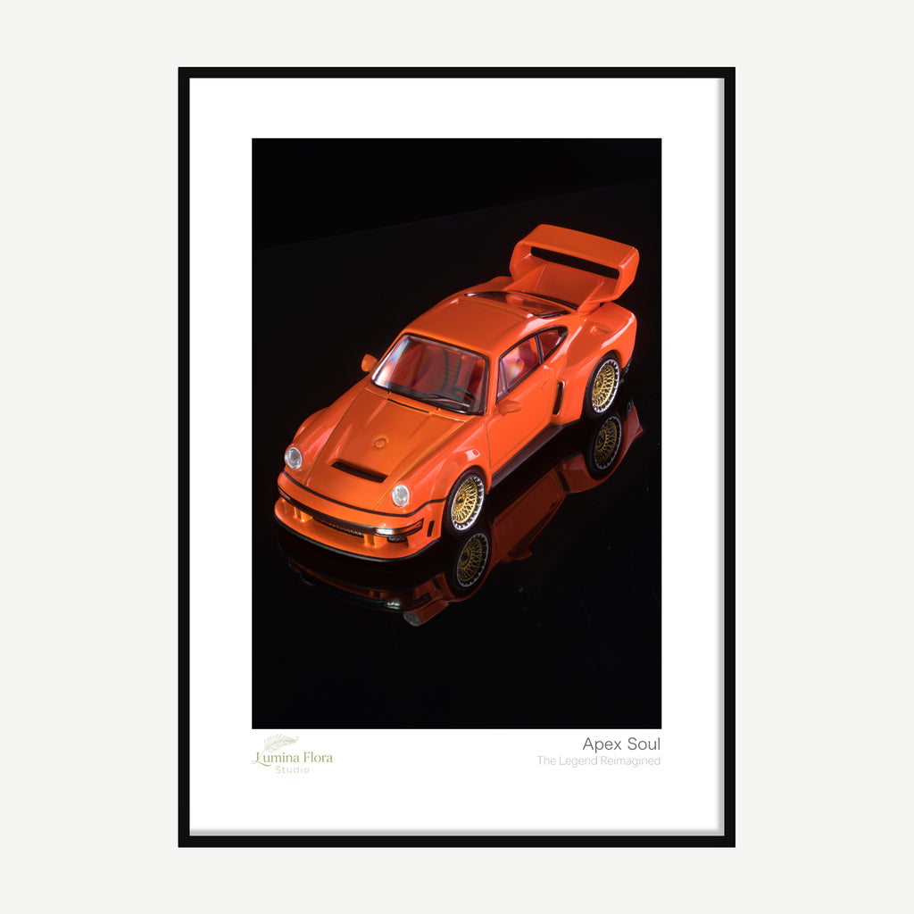 Framed print: orange classic sports car scale model on a dark reflective surface, black wood frame