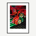 Framed print: miniature rotary Le Mans race car with smoke and neon, black wood frame