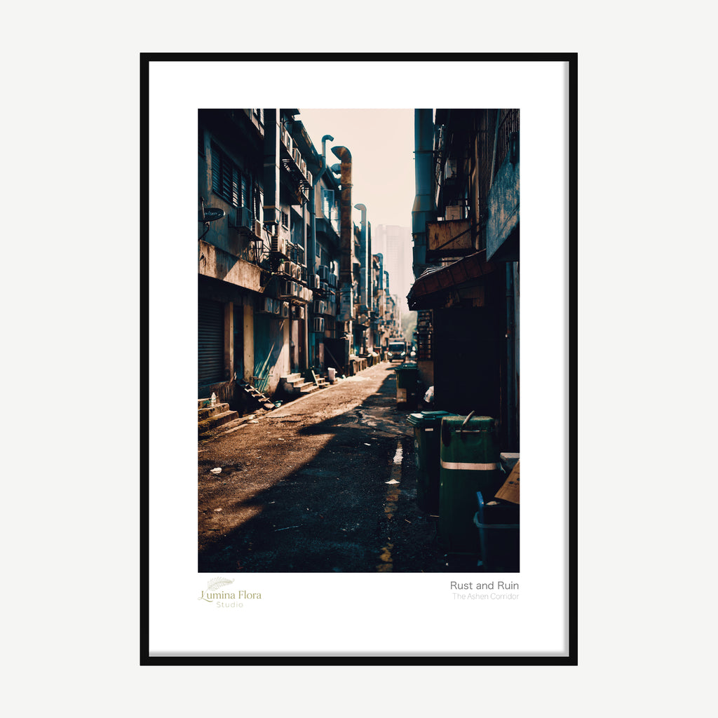 Framed print: hazy industrial alley with pipes and concrete walls, black wood frame