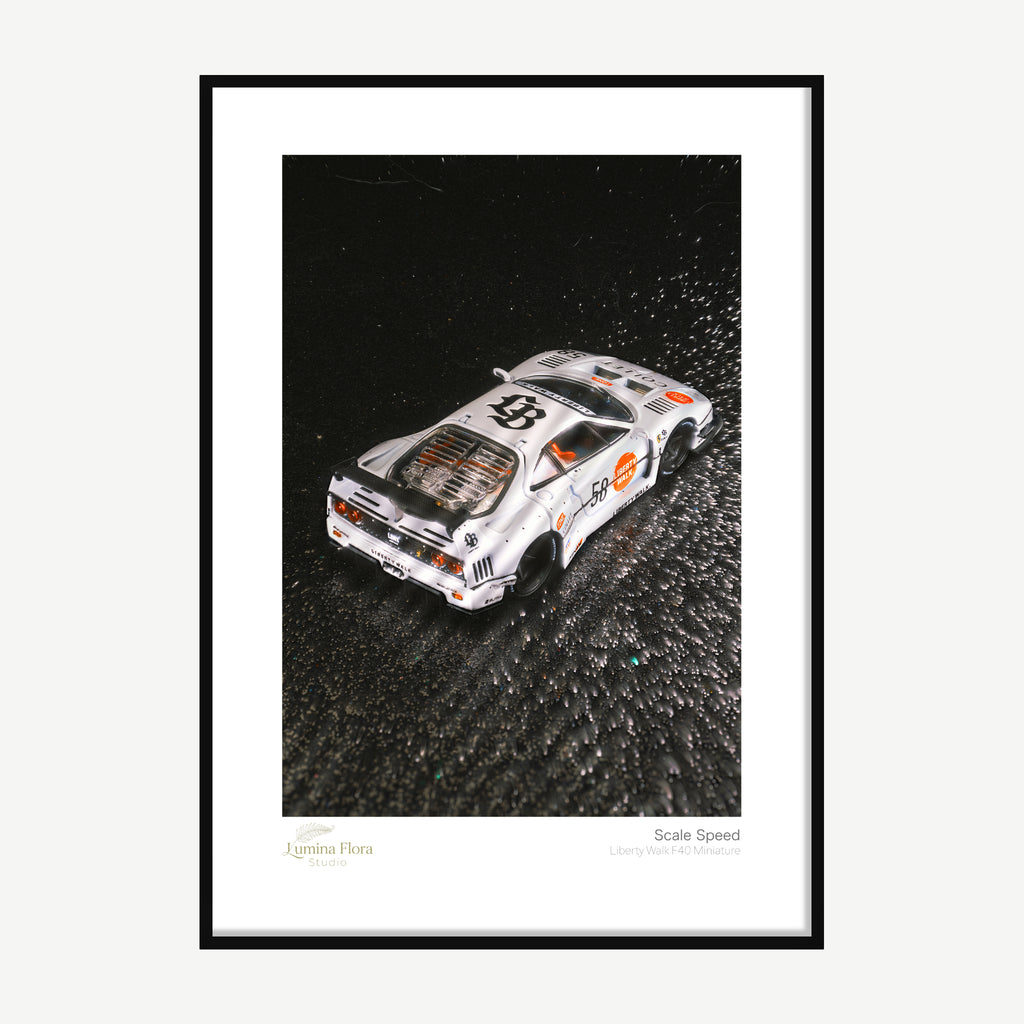 Framed print: macro of a 1/64 widebody supercar model, black wood frame