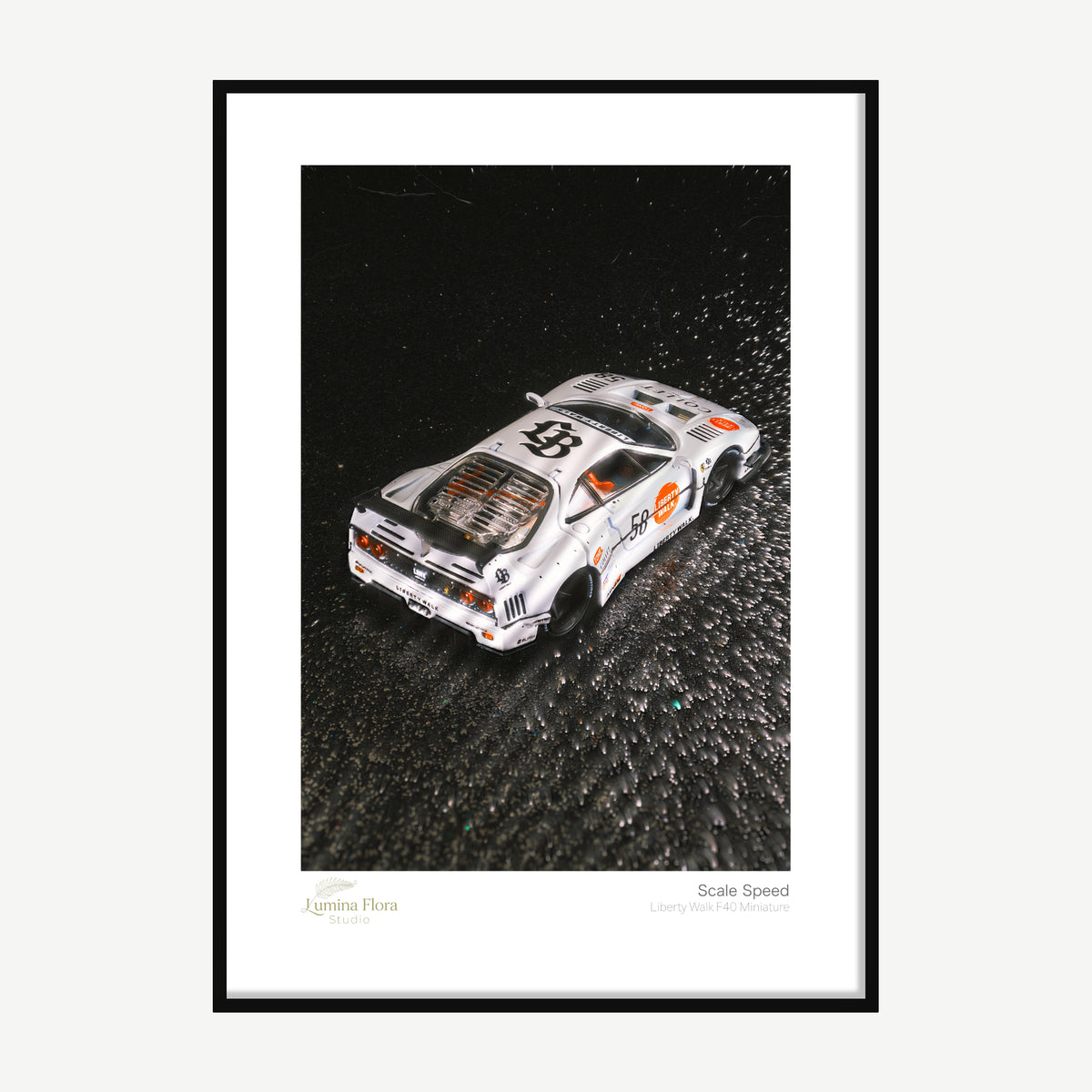 Framed print: macro of a 1/64 widebody supercar model, black wood frame