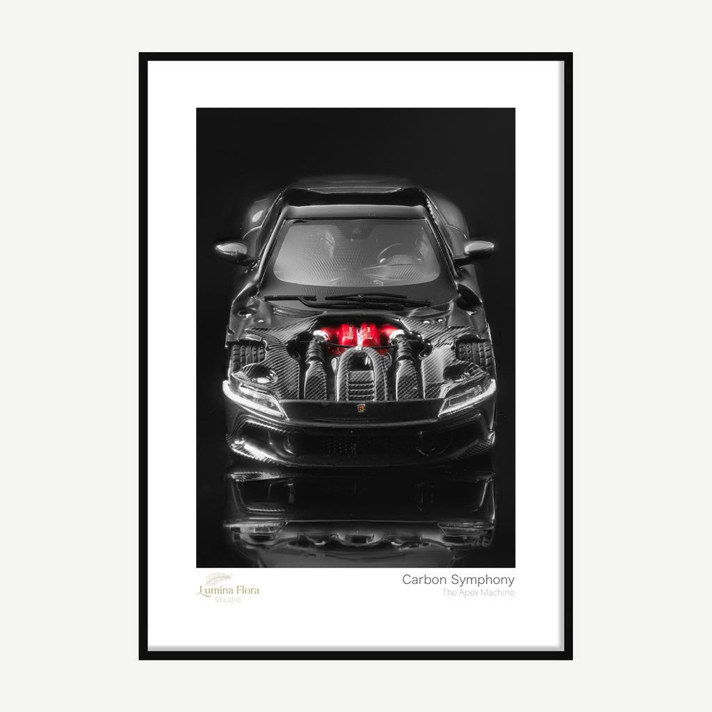 Framed print: front view of a dark supercar with carbon fibre and red lights, black wood frame