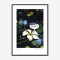 Framed print: white frangipani in comic-style Ben-Day dots, black wood frame