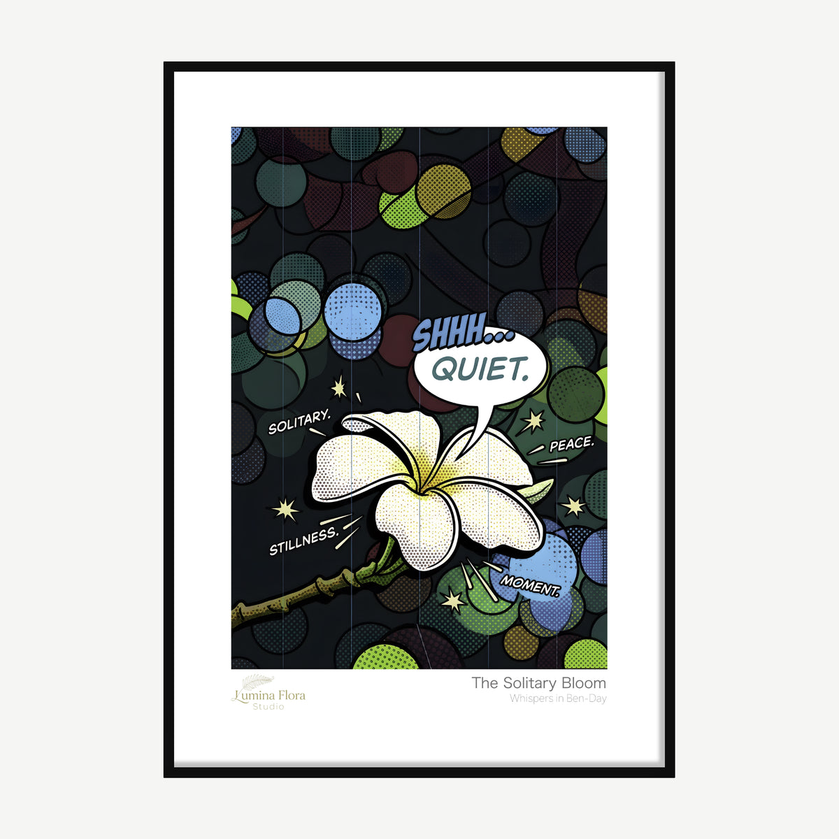 Framed print: white frangipani in comic-style Ben-Day dots, black wood frame