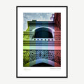 Framed print: Moorish horseshoe arches in rainbow colour bands, black wood frame