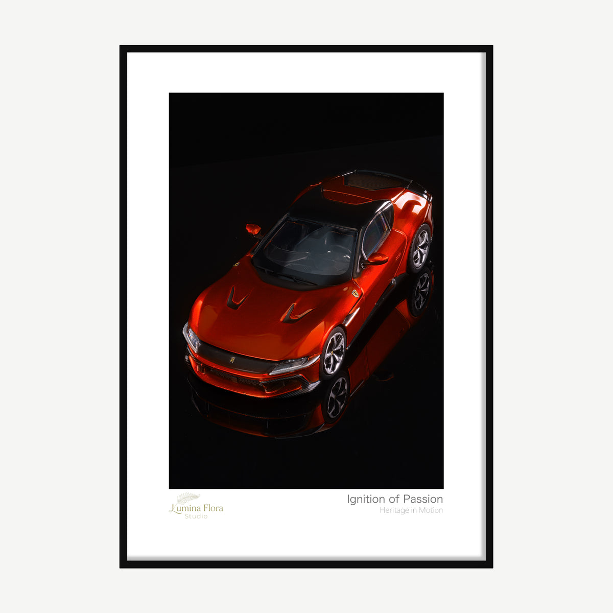 Framed print: copper-orange supercar on a black reflective floor, black wood frame