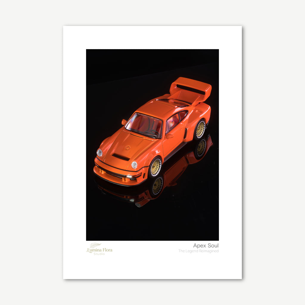 Unframed print: orange classic sports car scale model, white gallery border