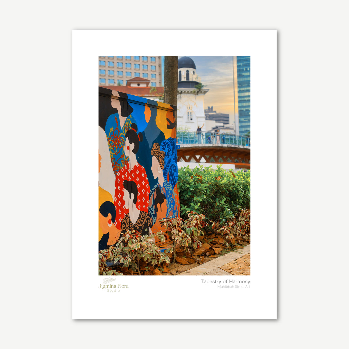 Unframed print: colourful Malaysian street mural of diverse faces, white gallery border
