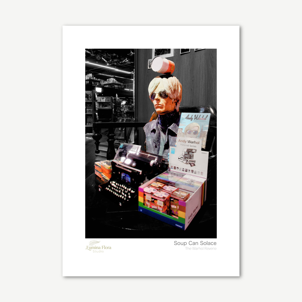 Unframed print: pop art bookshop corner with a soup can, white gallery border