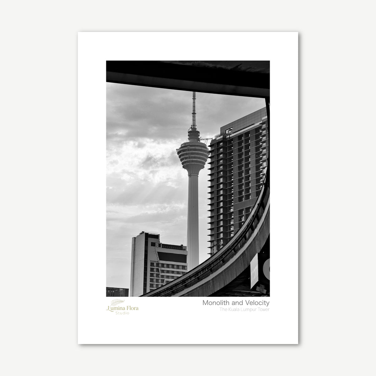 Unframed print: black and white Kuala Lumpur Tower, white gallery border