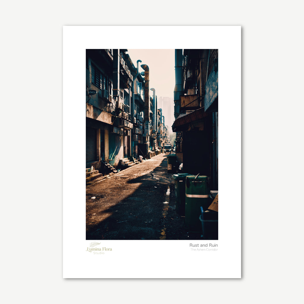Unframed print: hazy industrial alley with pipes, white gallery border