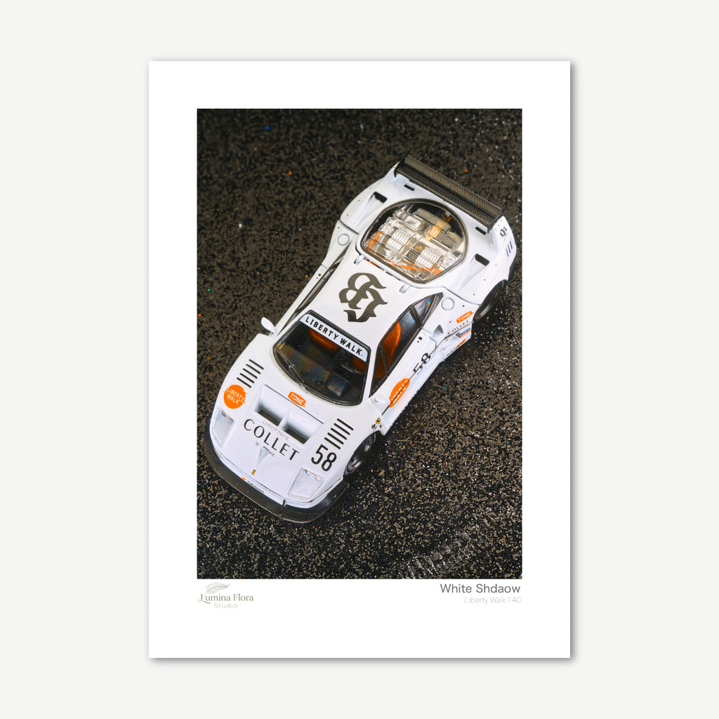 Unframed print: overhead white 1/64 model car, white gallery border