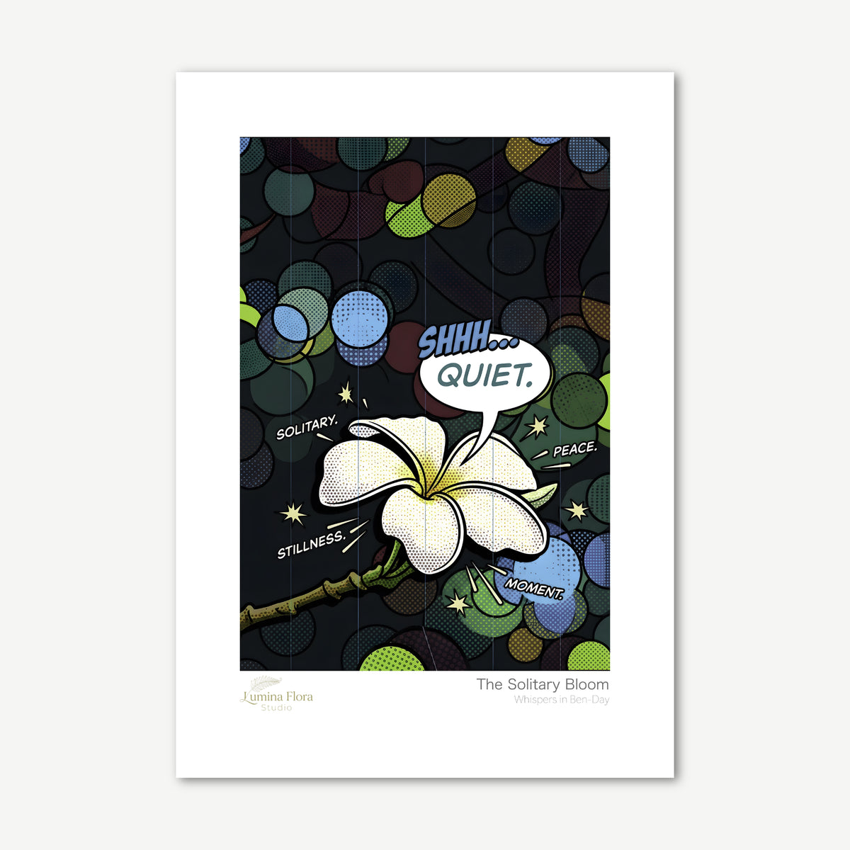 Unframed print: frangipani in comic Ben-Day dots, white gallery border