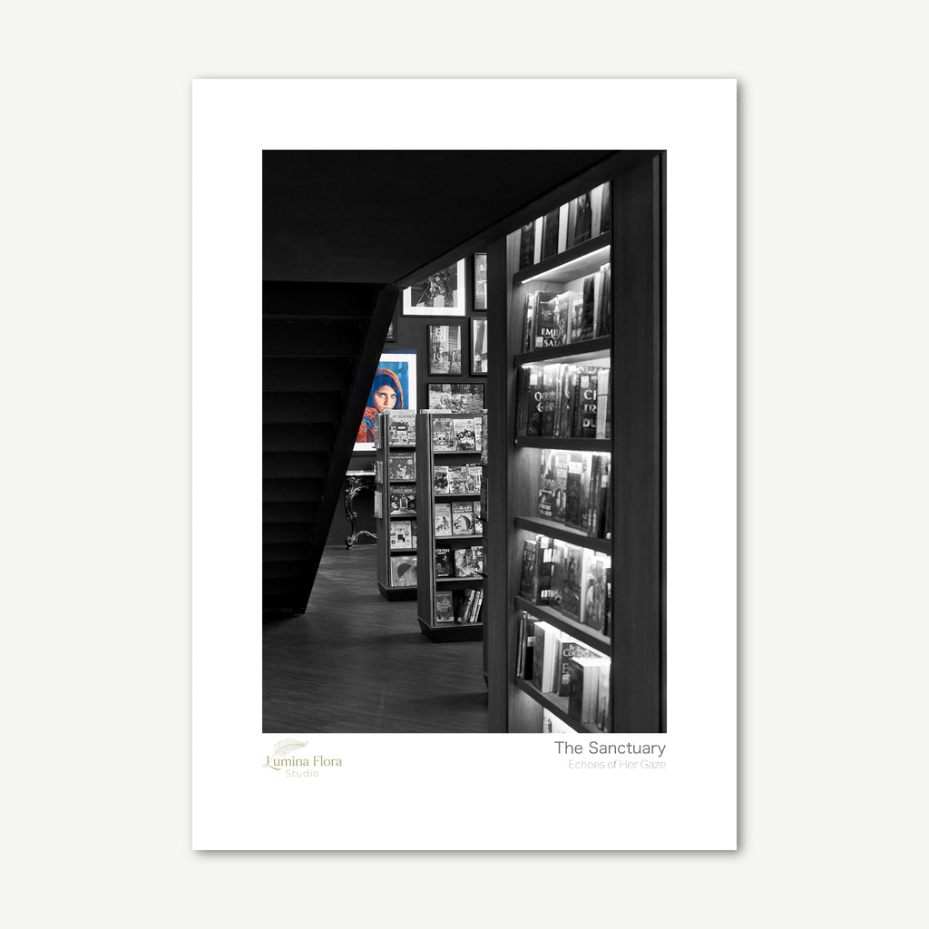 Unframed print: bookshop interior with shelves in selective colour, white gallery border