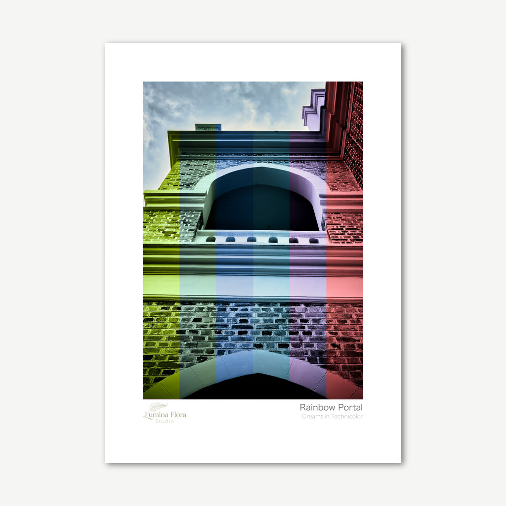 Unframed print: rainbow-coloured Moorish arches, white gallery border