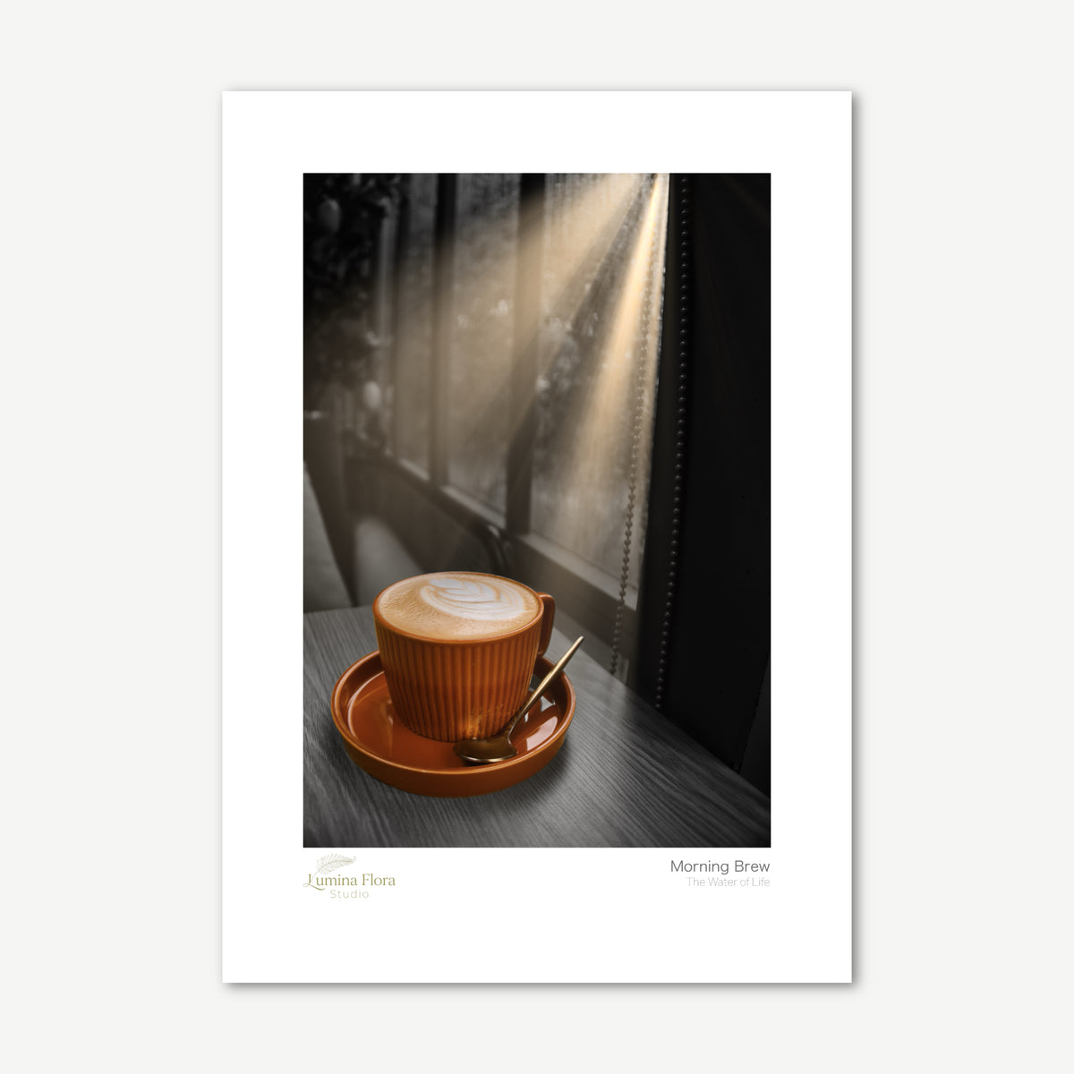 Unframed print: coffee cup in morning sunlight, white gallery border