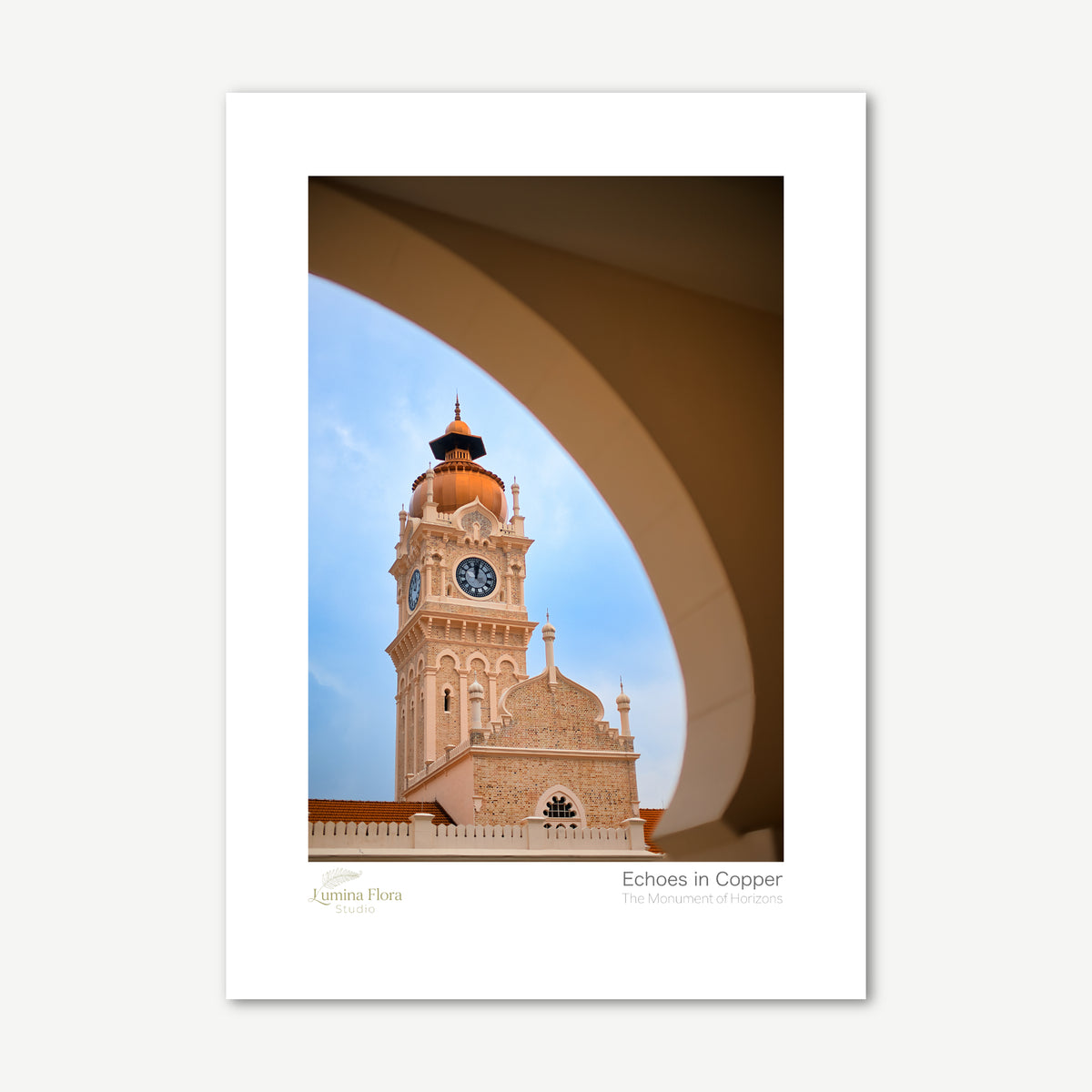 Unframed print: heritage clocktower through an archway, white gallery border