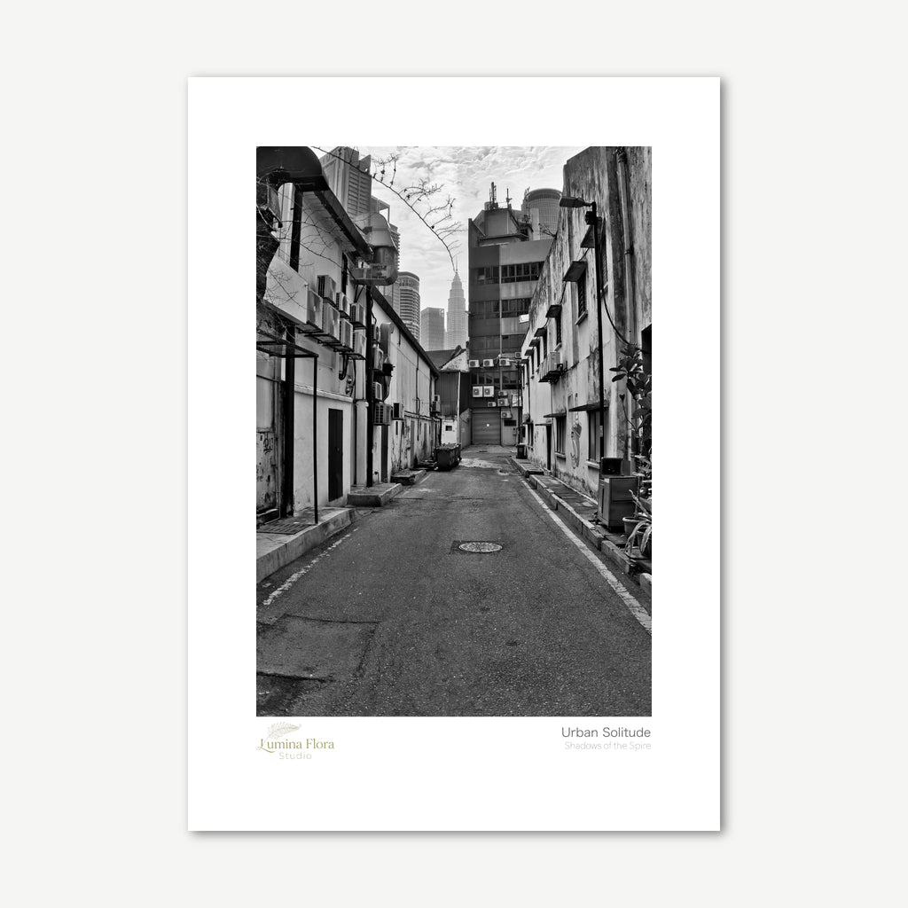Unframed print: black and white alleyway with distant spire, white gallery border