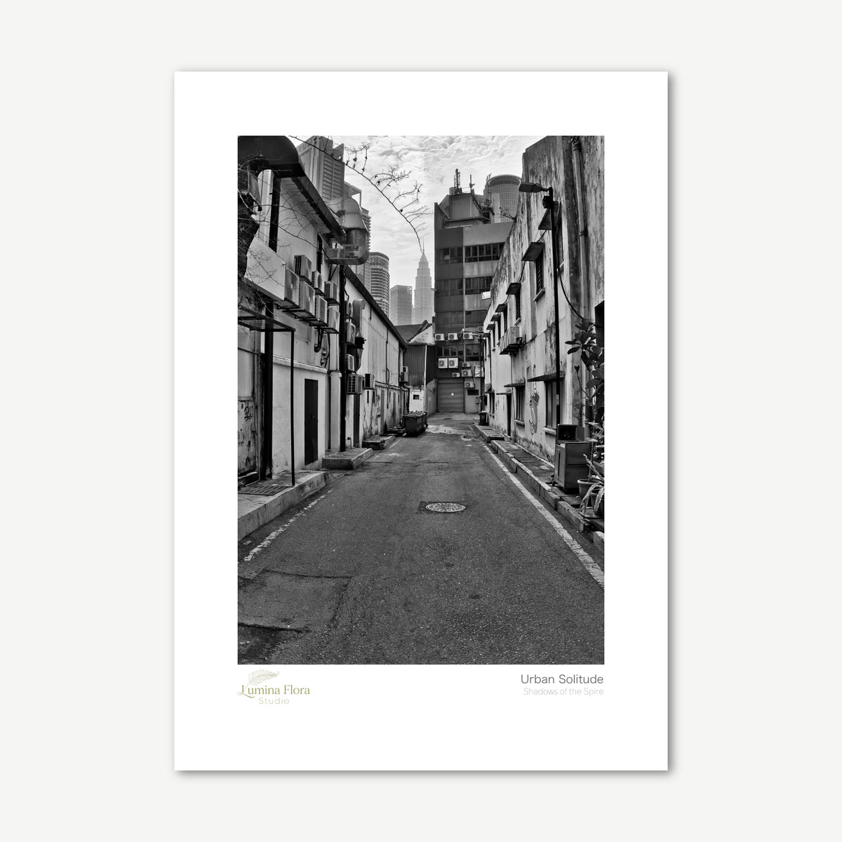 Unframed print: black and white alleyway with distant spire, white gallery border