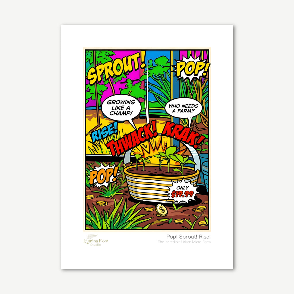 Unframed print: comic book panel of sprouts in a basket, white gallery border