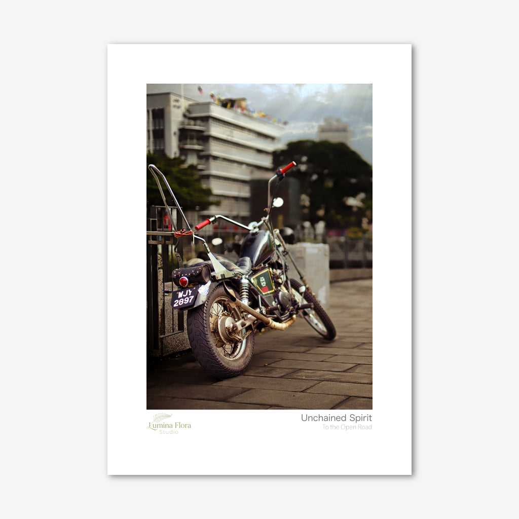 Unframed print: custom chopper motorcycle on a street, white gallery border
