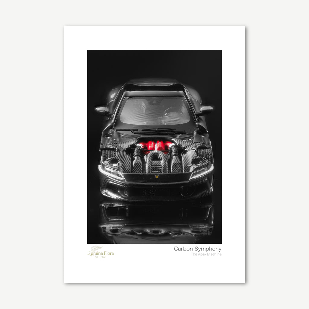 Unframed print: dark supercar front with carbon fibre detail, white gallery border